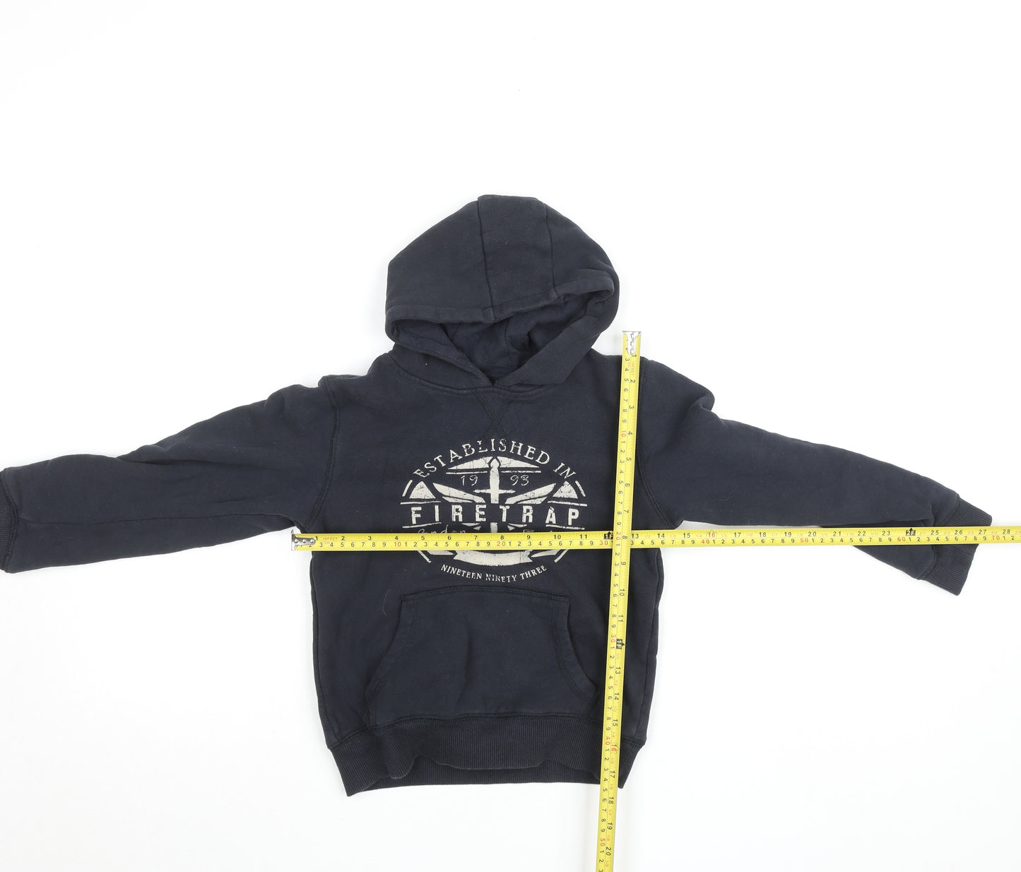 Firetrap Boys Black Pullover Hoodie 7-8 Years Logo Fleece Cotton Blend