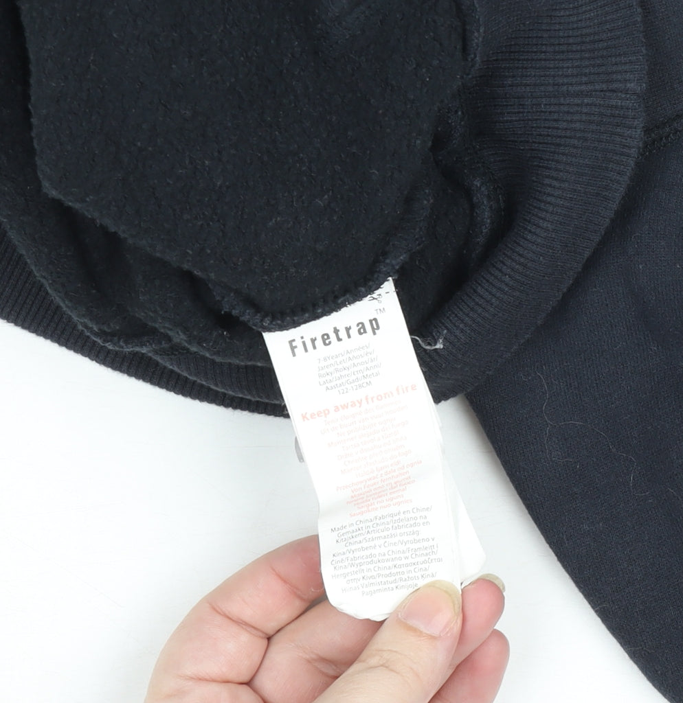 Firetrap Boys Black Pullover Hoodie 7-8 Years Logo Fleece Cotton Blend