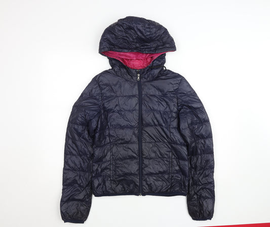 Zara Women Blue L Puffer Jacket Hooded Down Lightweight Warm Wear