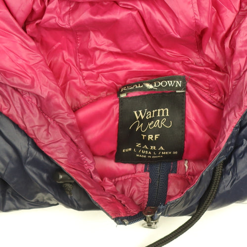Zara Women Blue L Puffer Jacket Hooded Down Lightweight Warm Wear