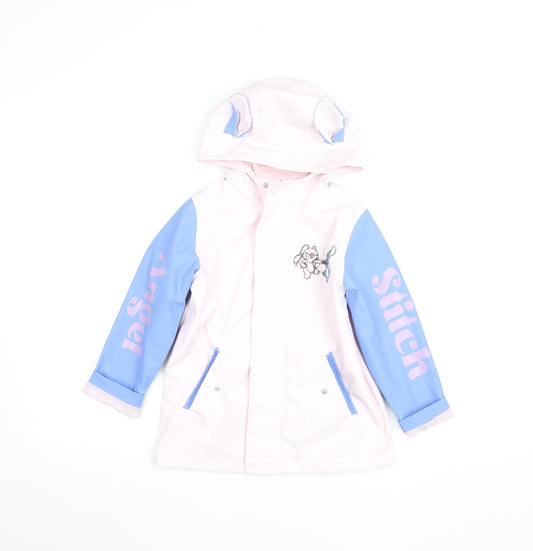 Disney Stitch Girls Pink Rain Coat 6-7 Years Hooded Waterproof Jacket