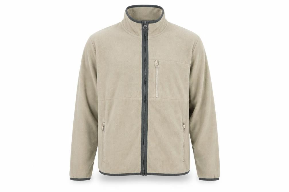 Front view of Only & Sons Men's Beige Fleece Full Zip Jacket, size L, Regular Fit