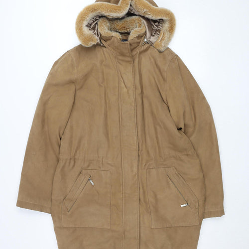 Debenhams Women Beige Faux Suede Faux Fur Hooded Parka Coat Size 12