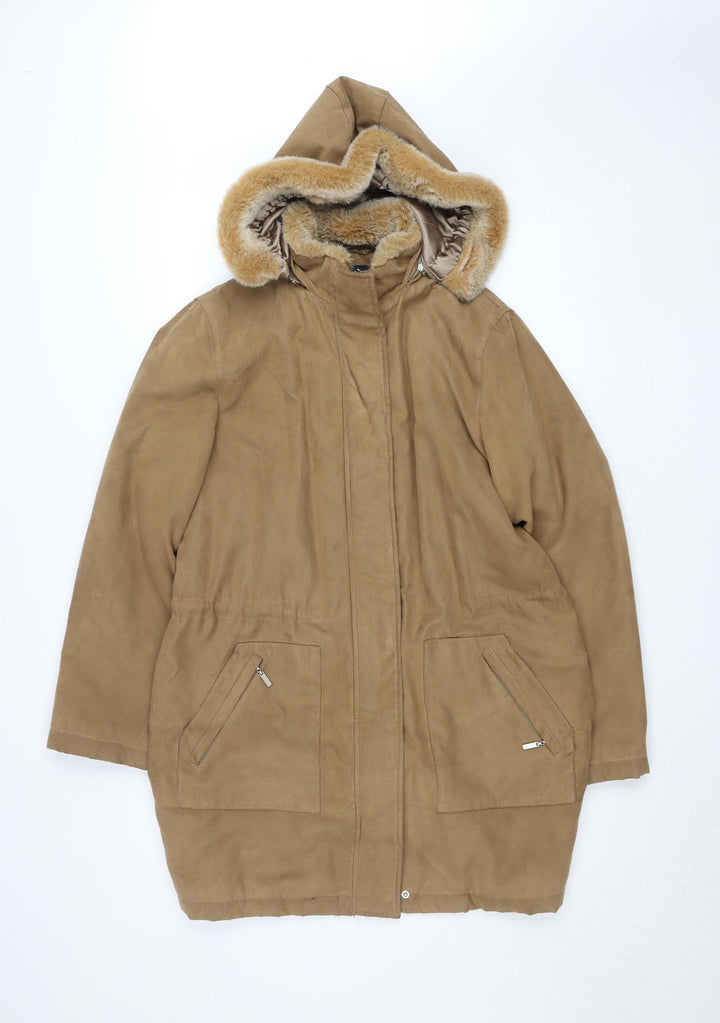 Debenhams Women Beige Faux Suede Faux Fur Hooded Parka Coat Size 12