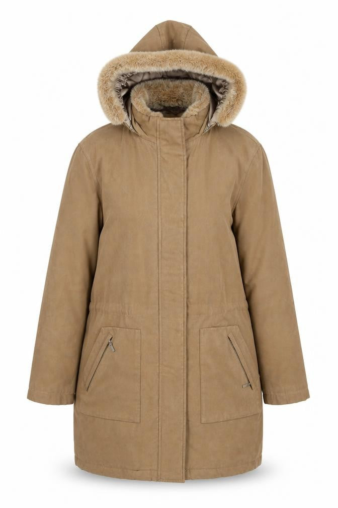 Debenhams Women Beige Faux Suede Faux Fur Hooded Parka Coat Size 12