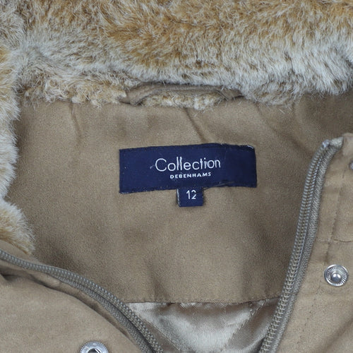 Debenhams Women Beige Faux Suede Faux Fur Hooded Parka Coat Size 12