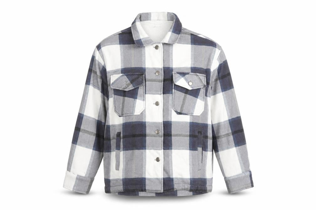 Front view of Rising women’s blue check flannel shacket jacket, size S