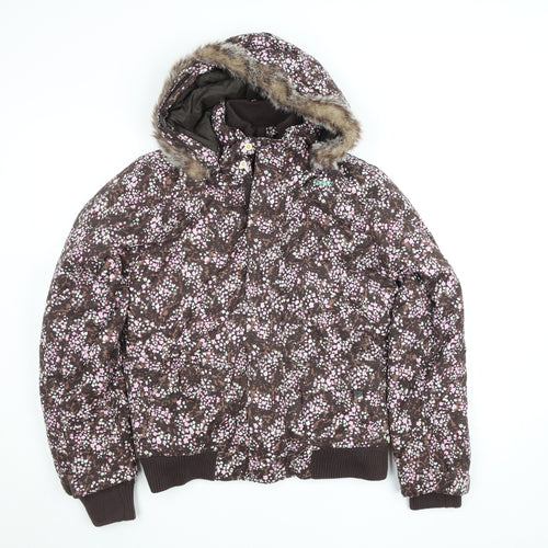 Protest Girls Brown Floral Hooded Waterproof Puffer Jacket Size 16 Years