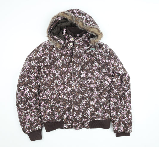 Protest Girls Brown Floral Hooded Waterproof Puffer Jacket Size 16 Years