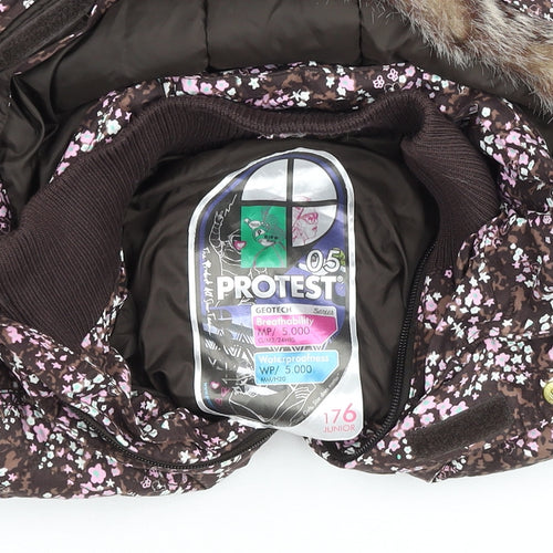 Protest Girls Brown Floral Hooded Waterproof Puffer Jacket Size 16 Years