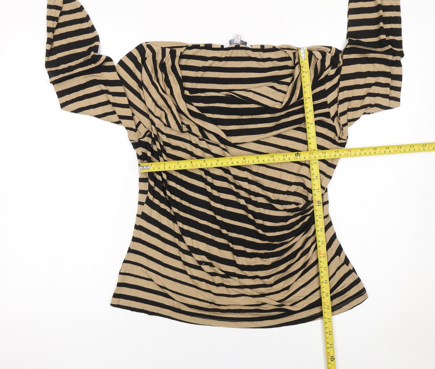 Jasper Conran Women Beige Black Striped Long Sleeve Cowl Neck Top Size 16