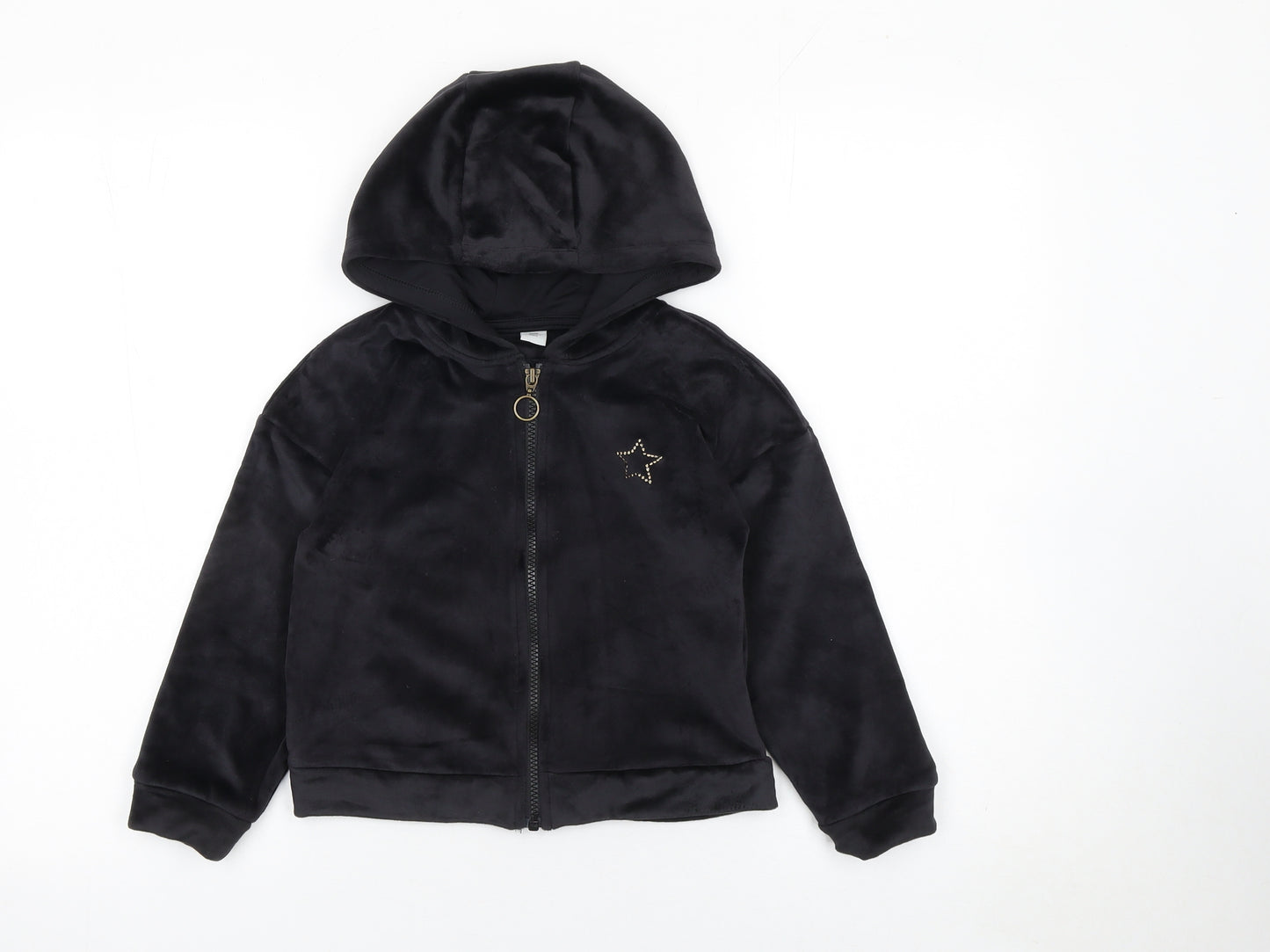 Tu Girls Black Velour Full Zip Hoodie 6 Years with Star Detail