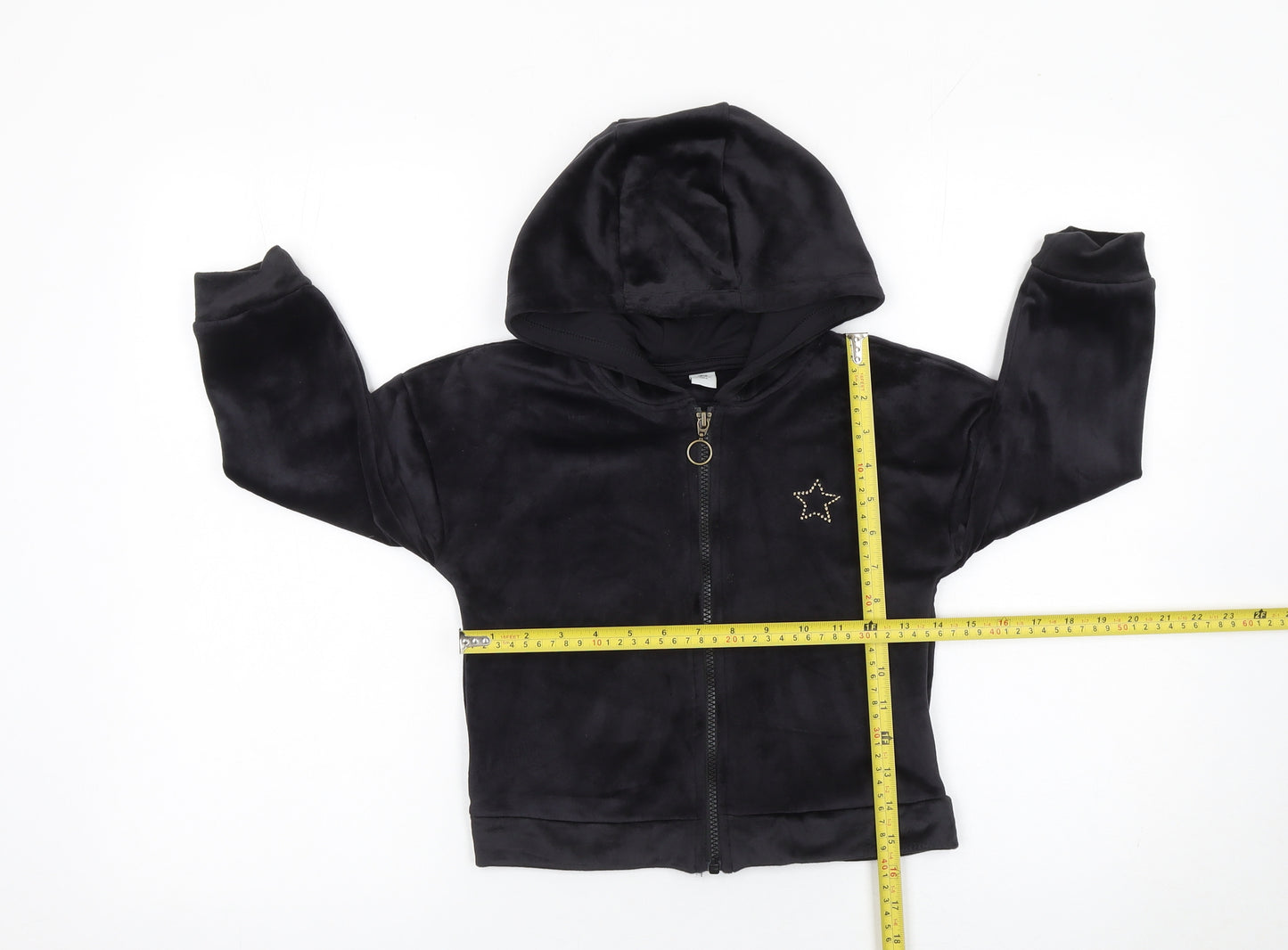 Tu Girls Black Velour Full Zip Hoodie 6 Years with Star Detail