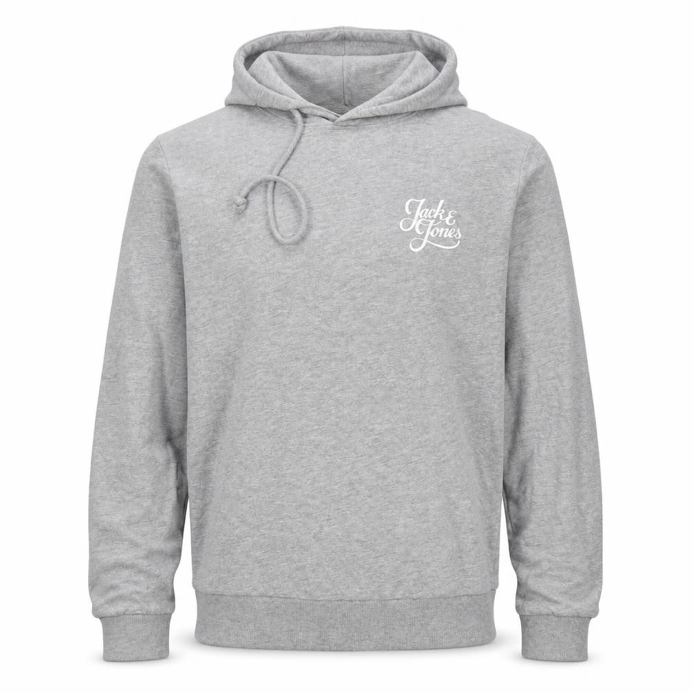 Front view of Jack & Jones men’s grey regular fit pullover hoodie, size M