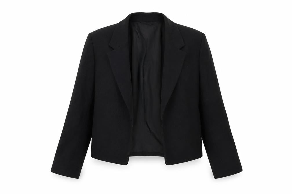 Front view of H&M Women's Black Short Blazer Jacket, size S, Regular Fit Notch Lapel