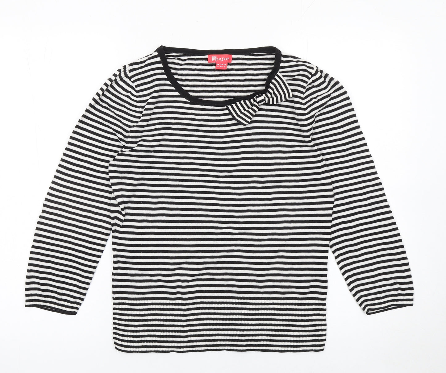 Monsoon Women's Black White Striped Bow Jumper Size 12 Cotton Knit