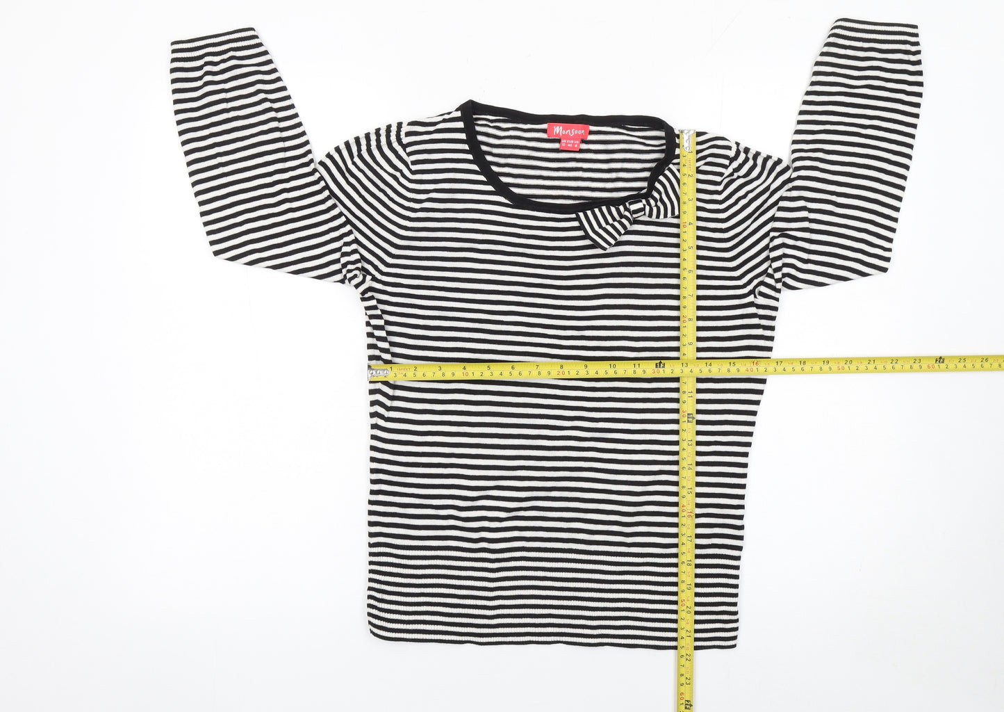 Monsoon Women's Black White Striped Bow Jumper Size 12 Cotton Knit