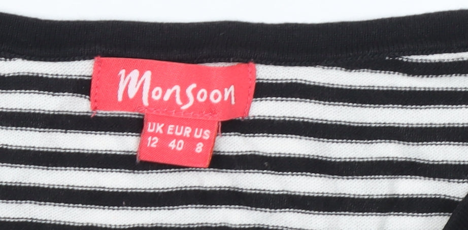 Monsoon Women's Black White Striped Bow Jumper Size 12 Cotton Knit