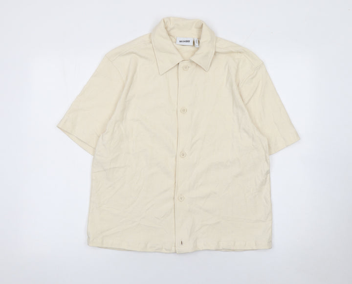 Weekday Women Beige Cotton Short Sleeve Button-Up Shirt XS