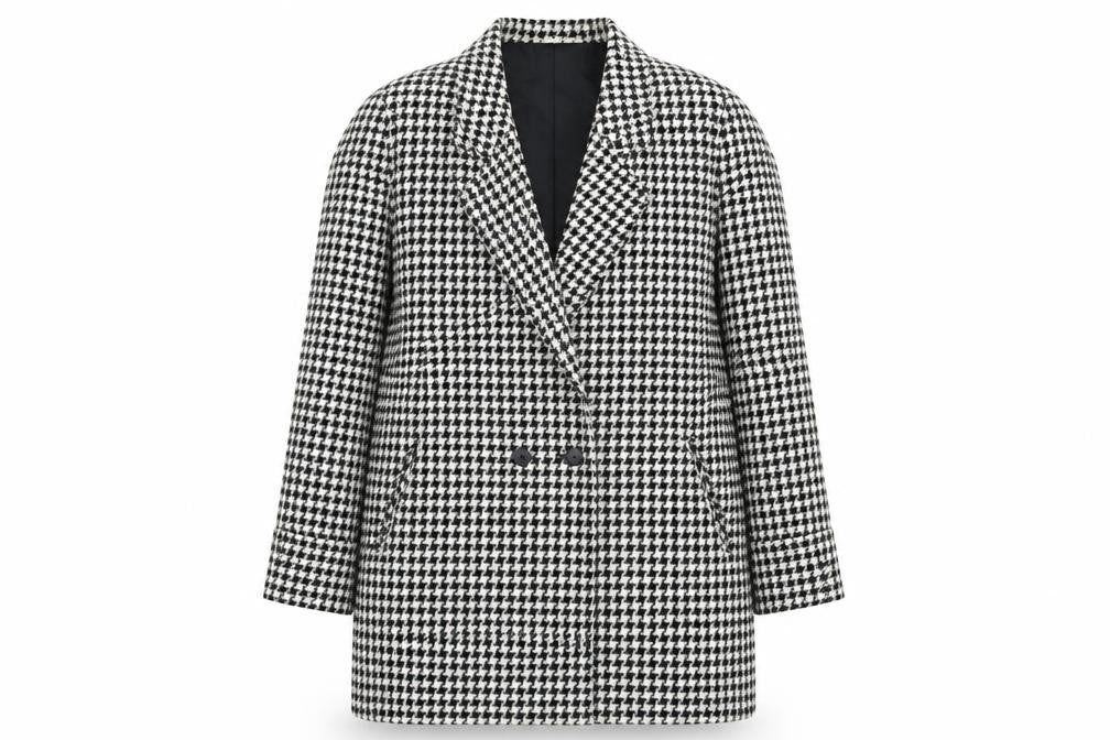 Front view of Bellino Women's Black Houndstooth Wool Blend Double-Breasted Blazer, size 10