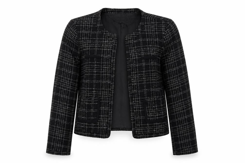 Front view of Peacocks Women's Black Checked Lined Blazer, size 14, Polyester Viscose