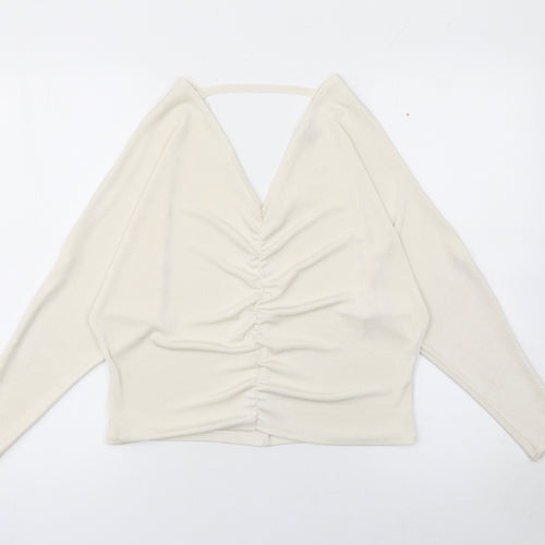 River Island Women’s Ivory Ruched V-Neck Cropped Blouse Size 8