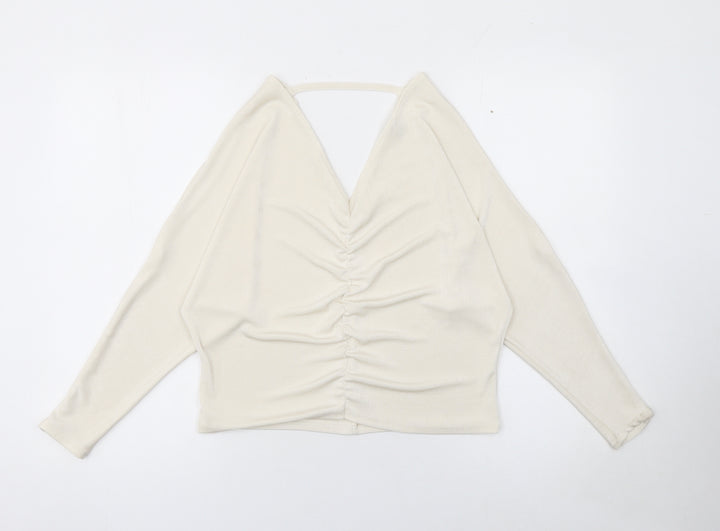 River Island Women’s Ivory Ruched V-Neck Cropped Blouse Size 8