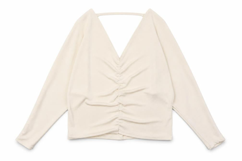 River Island Women’s Ivory Ruched V-Neck Cropped Blouse Size 8
