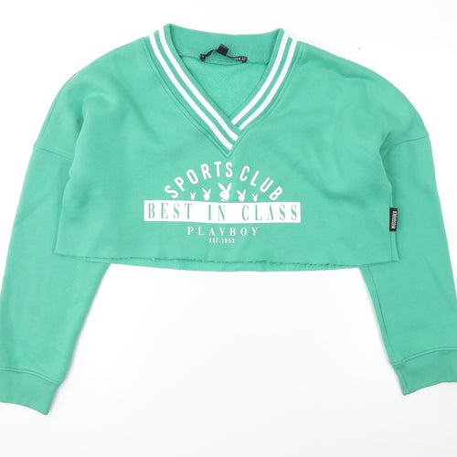 Playboy x Missguided Green Cropped V-Neck Sweatshirt Women's Size M