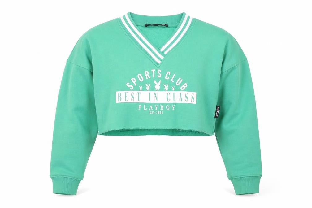 Playboy x Missguided Green Cropped V-Neck Sweatshirt Women's Size M