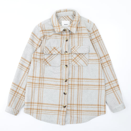 Object Women Beige Check Wool Blend Shirt Jacket Size 6