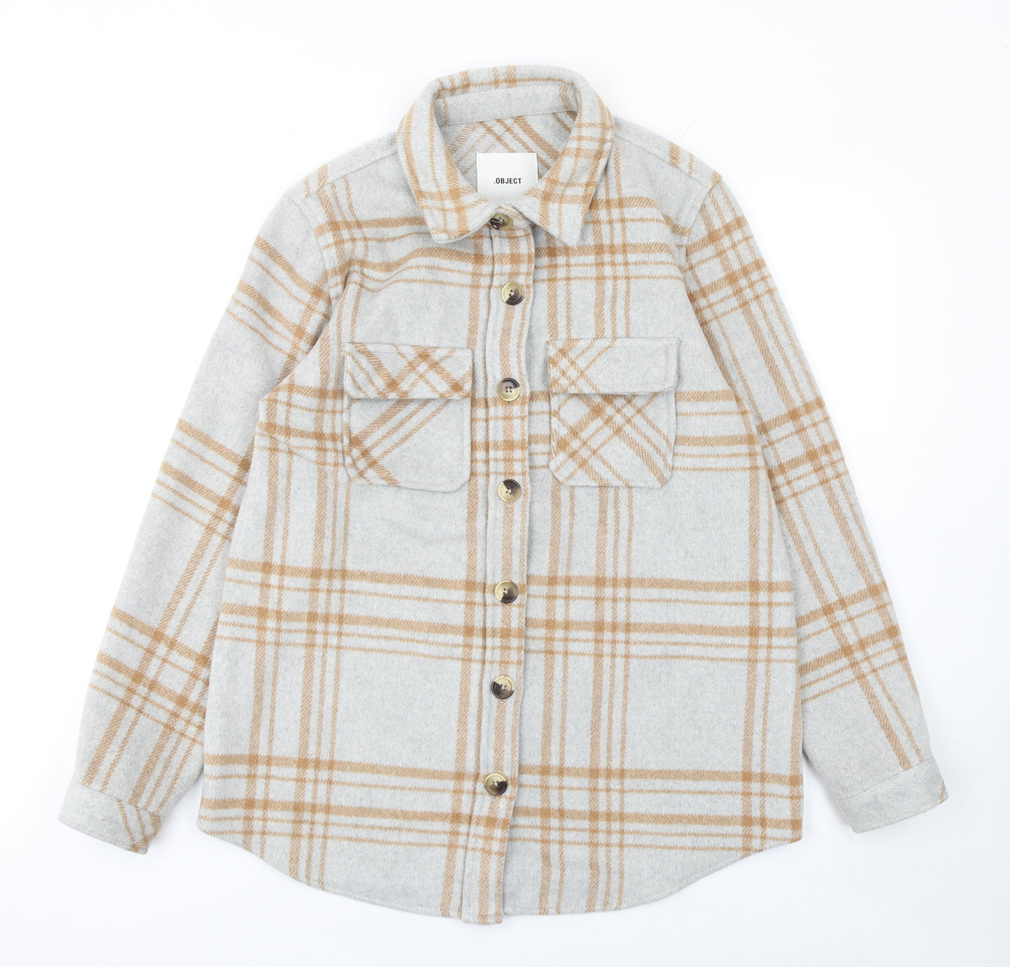 Object Women Beige Check Wool Blend Shirt Jacket Size 6