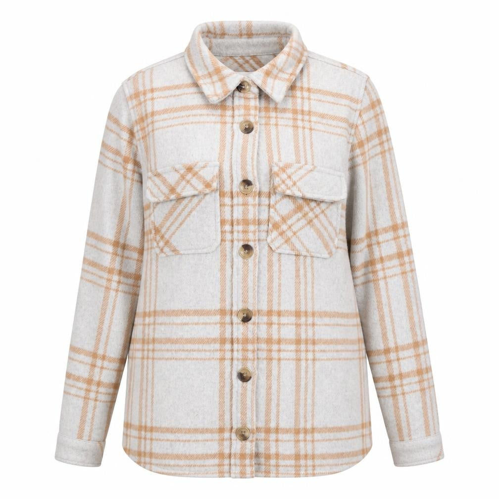 Front view of Object Women Beige Check Wool Blend Shirt Jacket, size 6