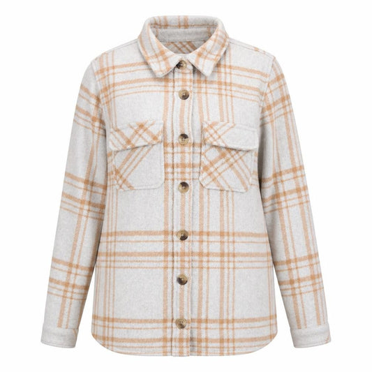 Front view of Object Women Beige Check Wool Blend Shirt Jacket, size 6