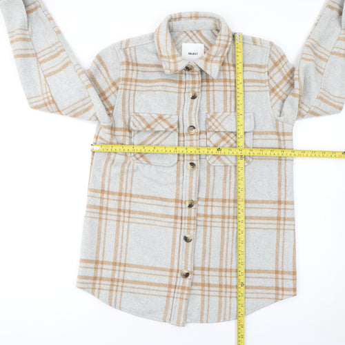 Object Women Beige Check Wool Blend Shirt Jacket Size 6