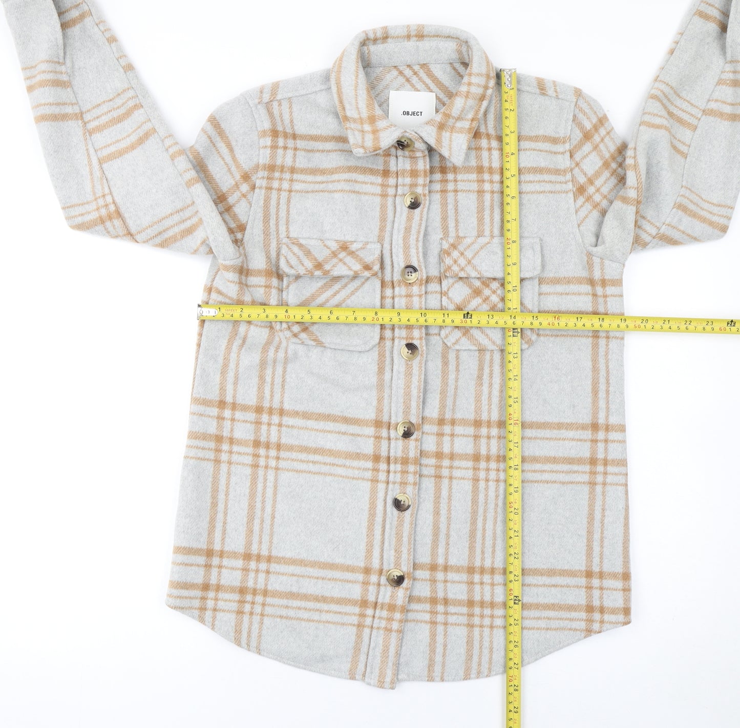 Object Women Beige Check Wool Blend Shirt Jacket Size 6