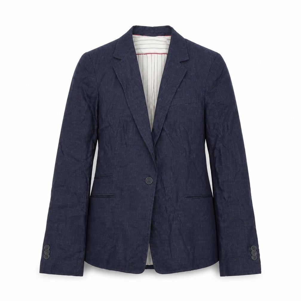 Front view of Zara Basic Women's Blue Linen Single Breasted Blazer XS