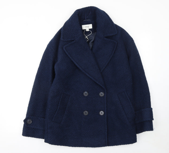 Marks and Spencer Women's Blue Wool Blend Double-Breasted Blazer UK 8