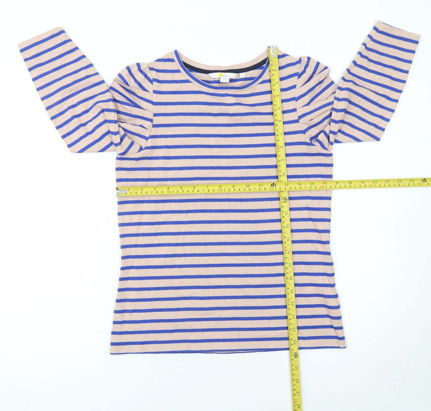 Boden Womens Beige Blue Striped 3/4 Sleeve Cotton T-Shirt UK 10