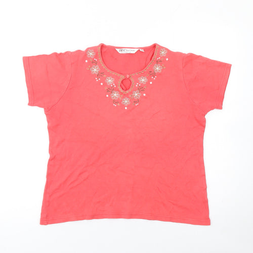 EWM Women Pink Embroidered Floral Cotton T-Shirt Size 14-16