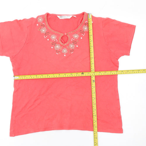 EWM Women Pink Embroidered Floral Cotton T-Shirt Size 14-16