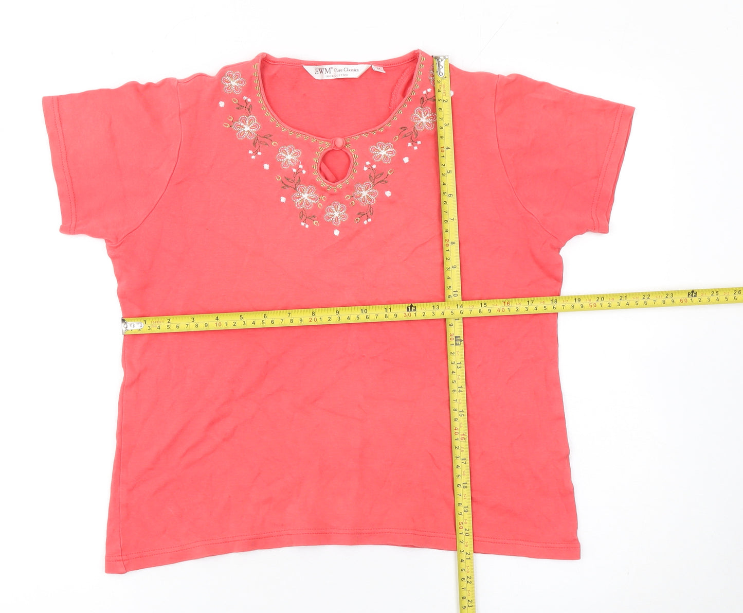 EWM Women Pink Embroidered Floral Cotton T-Shirt Size 14-16
