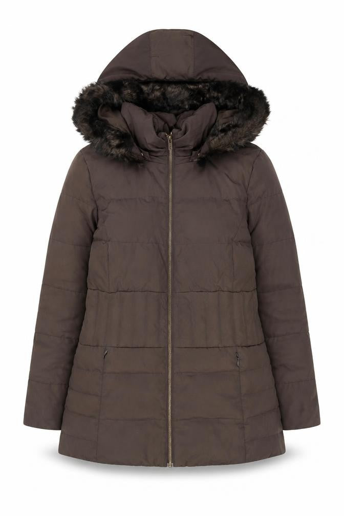 Front view of Phase Eight Women’s Brown Hooded Puffer Coat, size UK 10, Down Filled