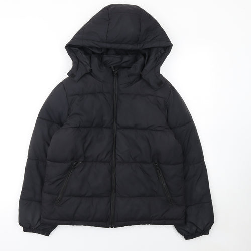 H&M Girls Black Hooded Puffer Jacket 11 Years Winter Coat Polyester Lined