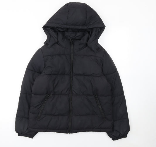 H&M Girls Black Hooded Puffer Jacket 11 Years Winter Coat Polyester Lined
