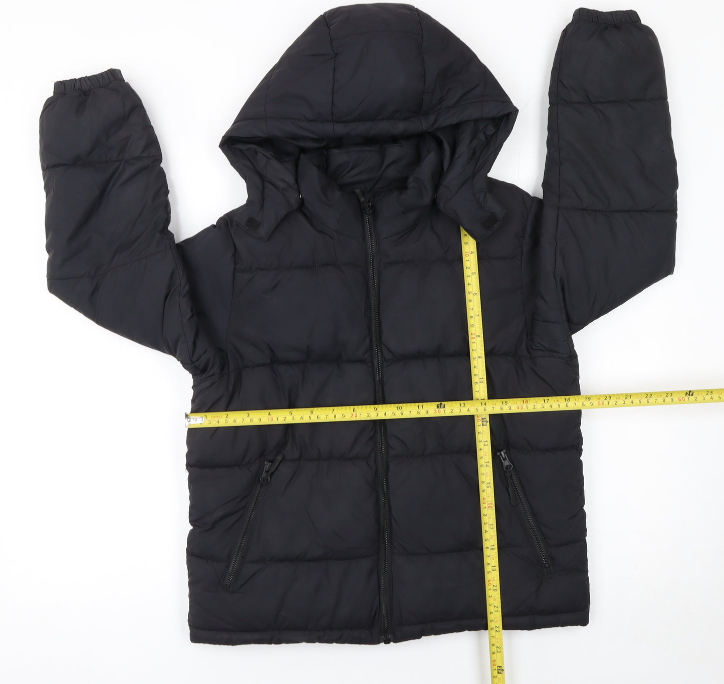 H&M Girls Black Hooded Puffer Jacket 11 Years Winter Coat Polyester Lined