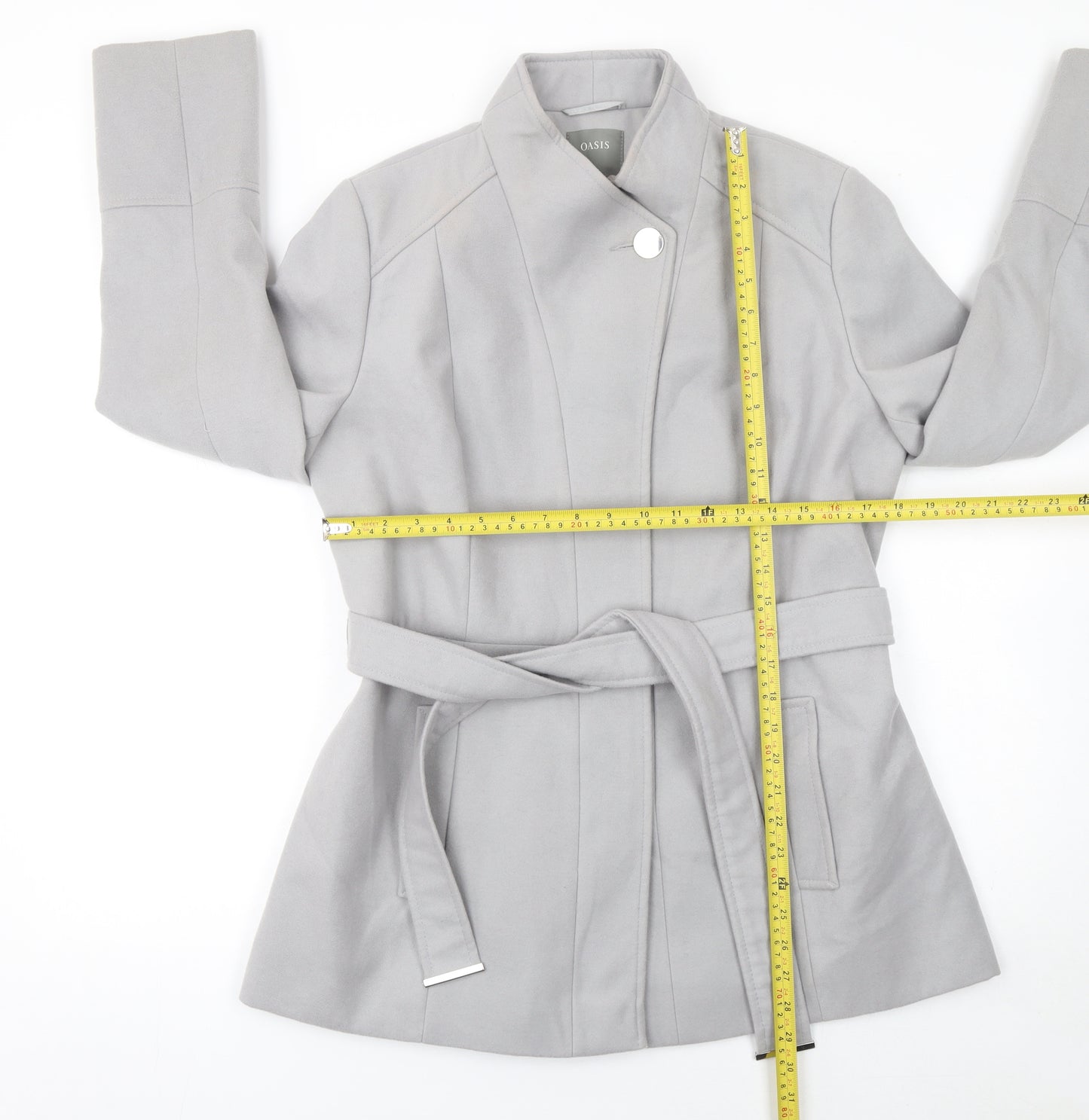 Oasis Women Grey Belted Short Coat L Classic Lined Polyester Blend