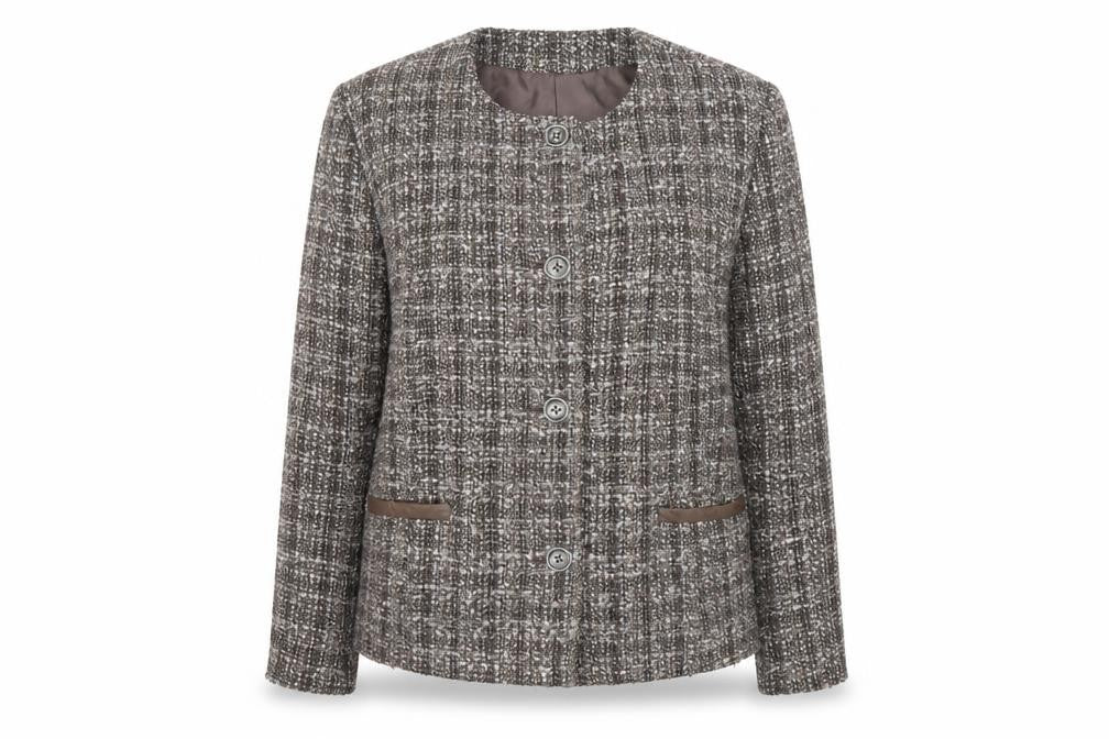 Front view of Marks & Spencer women’s brown bouclé blazer jacket, size UK 18, classic check