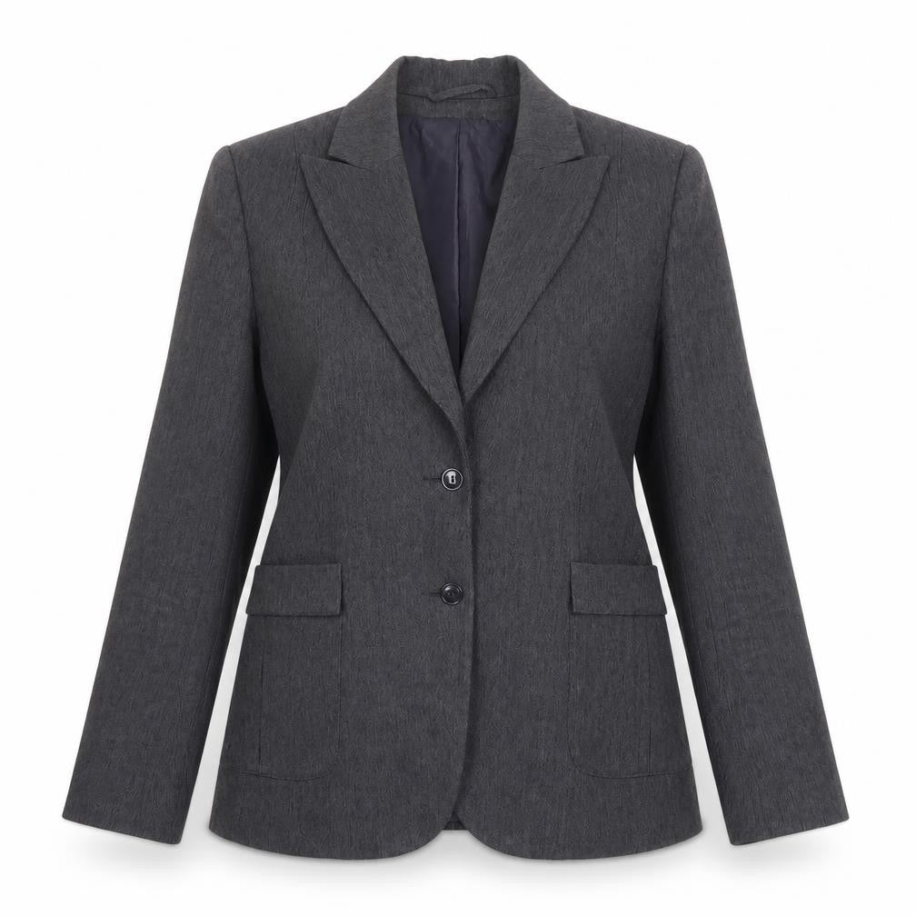 Front view of Hennes Women's Grey Two-Button Blazer Jacket, size 14, Polyester