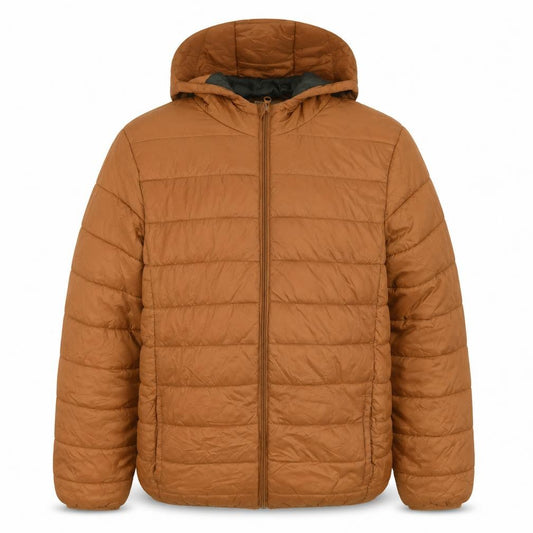 Front view of Destination boys’ teens brown hooded puffer jacket, size M